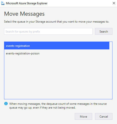 Select destination queue dialogue